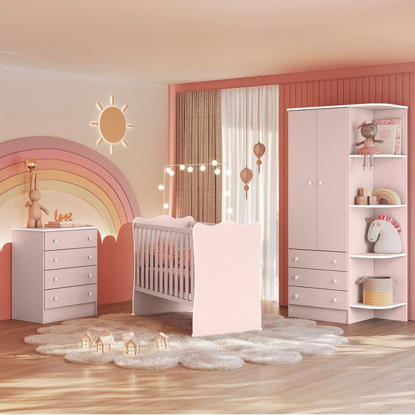 Jogo De Quarto Completo Infantil Bebê Guarda Roupa Portas Cômoda  Gavetas Berço Simples C/ Rodízios Doce Sonho 825 777Rosa Qmovi